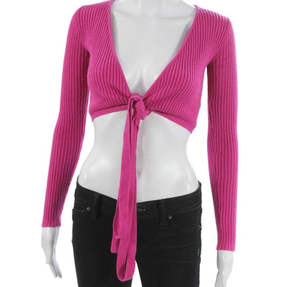 SNDYS. Womens Cropped V Neck Long Sleeve Pink Viscose Top Size XS